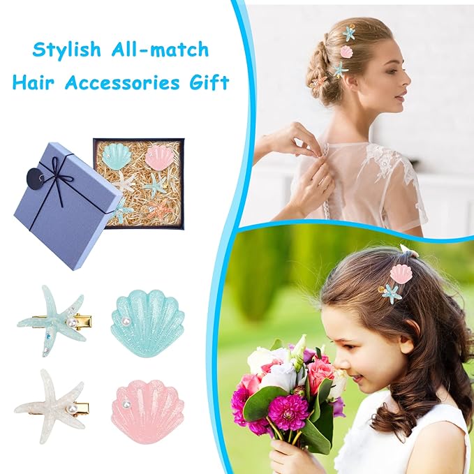 12 Pieces Shell Pearl Starfish Hair Clip Set, Catcan Seashell Hair Clips Starfish Alligator Clips for Women Headwear Styling Tools Accessories (classic style)