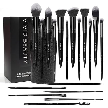 18pcs Makeup Brush Set with Case Dense Synthetic Fiber Premium Metal Ferrule Wood Handle Brushes Includes Powder Foundation Blush Eyeshadow Kit Professional Make up Tools for Women(Black)