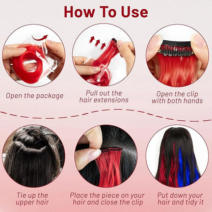 16 Pcs Colored Hair Extensions Curly Wavy Clip in Synthetic Hair Extensions,Colorful Party Highlights Hairpiece Streak for Girls Women Kids (Red Blue)