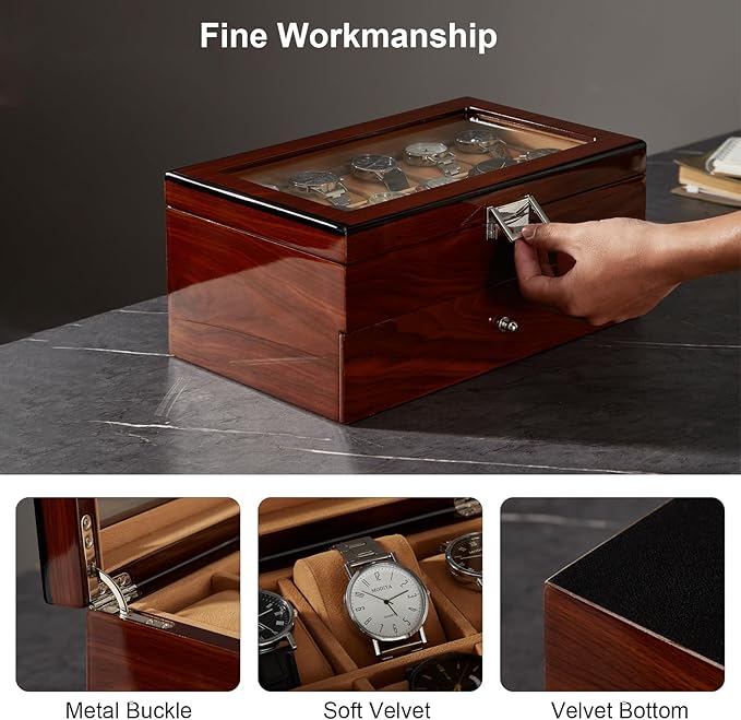 20-Slot Wooden Watch Box, Wood Watch Case with Glass Lid, 2 Layer Storage Organizer for Men Women, Velvet Lining, Watch Display Box, Mother's Day Gifts