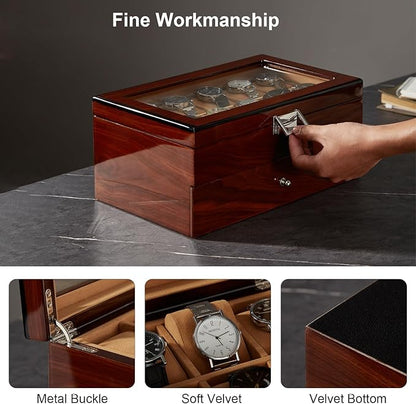 20-Slot Wooden Watch Box, Wood Watch Case with Glass Lid, 2 Layer Storage Organizer for Men Women, Velvet Lining, Watch Display Box, Mother's Day Gifts