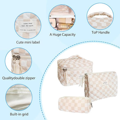 3 Piece Brown Checkered Corduroy Quilted Makeup Bag Set, Large Capacity Travel Makeup Bags for Women and Girls, Includes Small, Medium, and Large aesthetic makeup&Cosmetic Bags (3pcs-BrownCheckered)