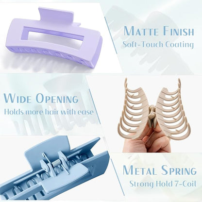 TOCESS Jumbo 4.33 Inch Hair Claw Clips for Women, 8 Pack Matte Non-Slip Rectangle Clips for Thick, Curly, Long or Straight Hair Girls