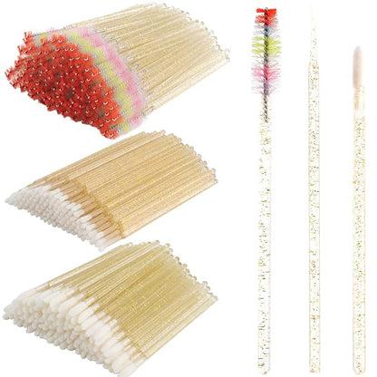 300 PCS Eyelash Extension Supplies Kit, Disposable Micro Swab,Crystal Eyebrow Spoolie Lash Brush, Lip Gloss Brush, Mascara Wand Applicator(colorful+gold)