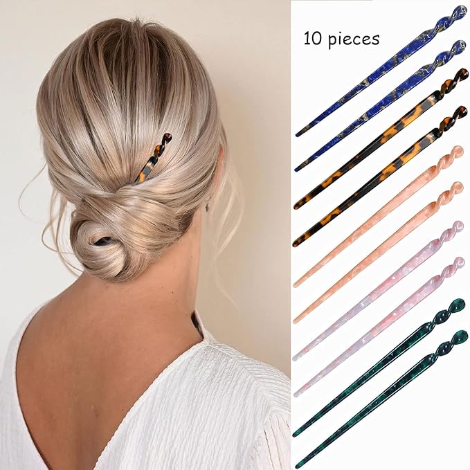 10 Pieces Acetate Hair Sticks Leopard Print Hair Pins, Tortoise Shell Hairpin Vintage Hair Chopsticks Retro Hairpins Disk, Hair Accessories for Women Girls (Elegant)