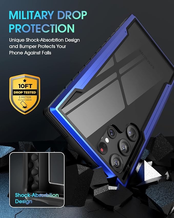 for Samsung Galaxy S22 Ultra Case-Aluminum Frame-10 FT Drop Tested,S22 Ultra Case with 1 Pack Camera Lens Protector+1 Pack Soft Screen Protector,Shockproof-Slim for S22 Ultra Case 6.8" (Blue)