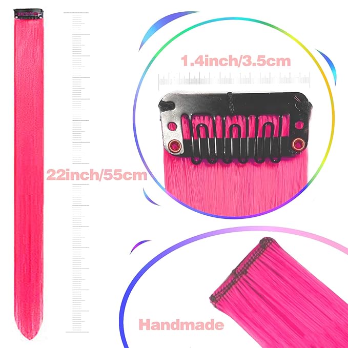12 PCS Hot Pink Hair Extensions Clip in, Colored Party Highlights Extension for Kids Girls Synthetic Hairpiece Straight 22 inch
