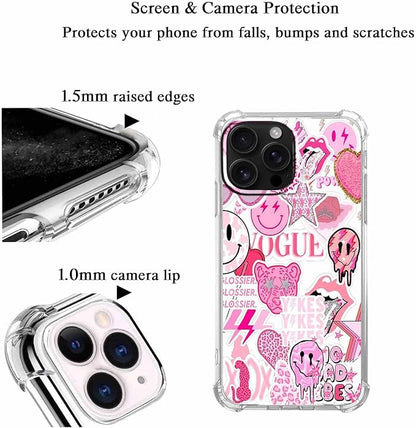 Case for iPhone 16 Pro Max with Pink Design,Aesthetic Hippie Indie Popular Elements Pattern,Shockproof Soft TPU Bumper Phone Cover(16pm,Pink)