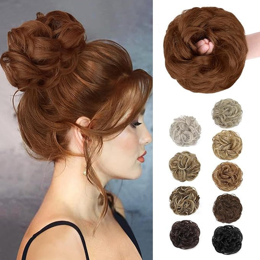 MORICA 1PCS Messy Hair Bun Hair Scrunchies Extension Curly Wavy Messy Bun Hair Synthetic Chignon Hairpieces for Women(Light Golden Auburn##)