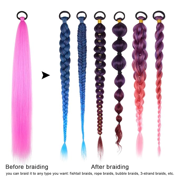 2 Pack Pink Braid Ponytail Extension with Elastic Tie Straight Sleek Wrap Around Braid Ponytail 26 Inch (Rose Pink#)