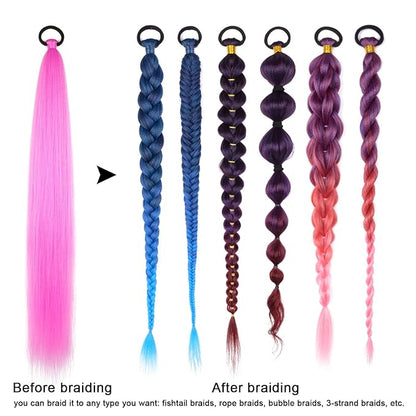 2 Pack Pink Braid Ponytail Extension with Elastic Tie Straight Sleek Wrap Around Braid Ponytail 26 Inch (Rose Pink#)