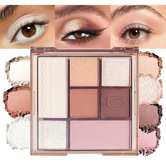 Seven Color Matte Shimmer Eyeshadow Makeup Palette,Pearl White Ivory White & Brown Coffee Pink 7 Color Series Powder Eye shadow ,Daily Makeup Eyeshadow Box, Easy to Carry, Vegan & Cruelty-Free, 03