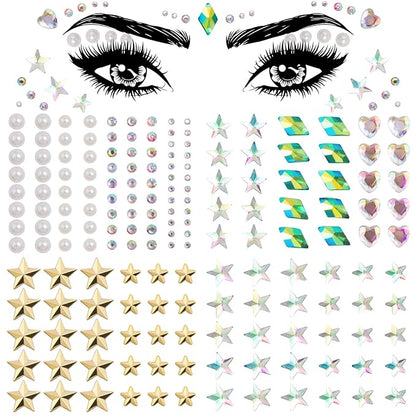 OIIKI 4 Sheets Star Face Eye Stickers, Star Jewelry Eye Body Sticker, Acrylic Crystal Face Gems, Festival Halloween Pearls Hearts Face Makeup Stickers, 4 Styles Rhinestone Tattoos for Women, Girls