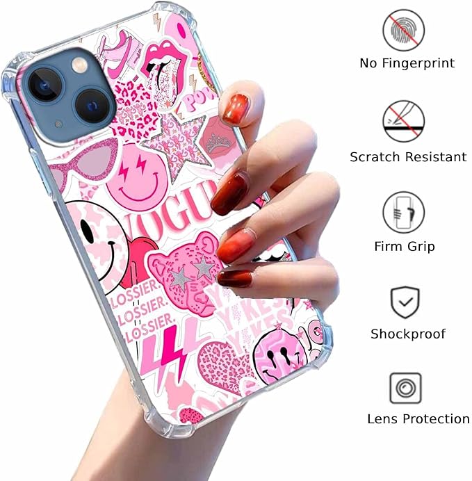 Case for iPhone 15 Plus with Pink Design,Aesthetic Hippie Indie Popular Elements Pattern,Shockproof Soft TPU Bumper Phone Cover(15plus,Pink)