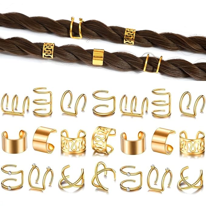 24 Pcs Gold Hair Braids Dreadlock, Non-Piercing Ear Clip Beard Beads Cuffs Clip Hair for Women Men Hair Accessories Styling Jewelry Tools
