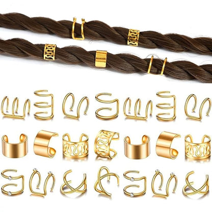 24 Pcs Gold Hair Braids Dreadlock, Non-Piercing Ear Clip Beard Beads Cuffs Clip Hair for Women Men Hair Accessories Styling Jewelry Tools