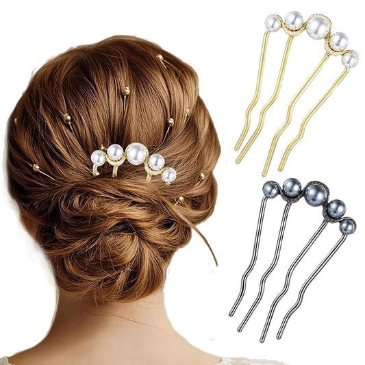 2Pcs Pearl U Shaped Hair Pins Metal Hair Fork Clips, Elegant Bridal Hair Side Comb Hair Pin for Women Girls, French Pearl Hair Styling Accessories for Bridal Wedding Daily Party Holiday