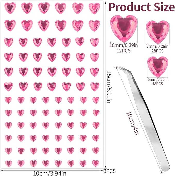 264Pcs Heart Face Gems Love Gems, Self-Adhesive Face Jewels Rhinestones 5/7/10 mm DIY Face Gems Stick on, Valentine Makeup Gems Rave Accessories for Face Eyes Hair Makeup Body, Crafts (Pink)