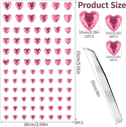 264Pcs Heart Face Gems Love Gems, Self-Adhesive Face Jewels Rhinestones 5/7/10 mm DIY Face Gems Stick on, Valentine Makeup Gems Rave Accessories for Face Eyes Hair Makeup Body, Crafts (Pink)