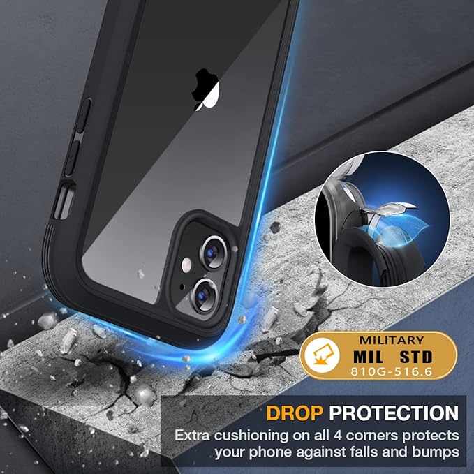 Miracase Glass Series Designed for iPhone 11 Case [2023 Upgraded] Full-Body Rugged Bumper Case with Built-in 9H Tempered Glass Screen Protector and Camera Protector (Black)