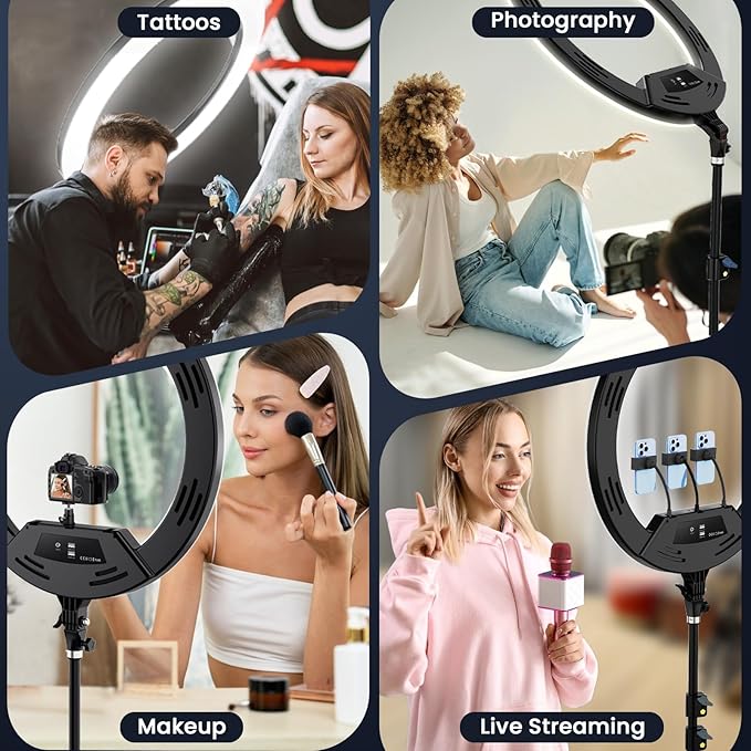 22in Large Ring Light with Stand,512pcs Bulbs Big Ring Light with 75" Tripod for iPhone/LED Display/4 Clips/2 USB Ports,2600K-6500K Dimmable Barber Light,for TikTok Video Recording Tattoo Lash Makeup