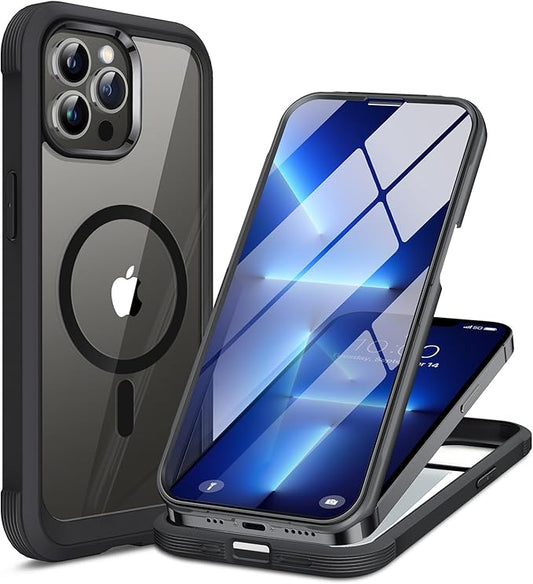 Miracase Glass Case Compatible with iPhone 13 Pro Max Case 6.7 inch, [Compatible with MagSafe] Full-Body Phone case with Built-in Glass Screen Protector& Camera Protector (Black)