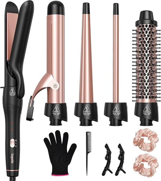 5 in 1 Curling Iron Set, Curling Wand with New Upgraded Thermal Brush and 4 Interchangeable Ceramic Barrels(0.35"-1.5"), Fast Heating, Dual Voltage Hair Curler, Gifts for Women