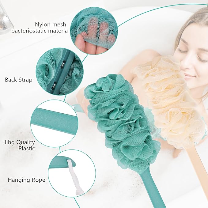 2Pack Back Scrubber for Shower Loofah with Long Handle, Shower Brush for Body, 17″ Loofah on a Stick for Men Women Bathing Accessories, Scrubber Sponge for Exfoliating Bath Brushes (Beige & Green)