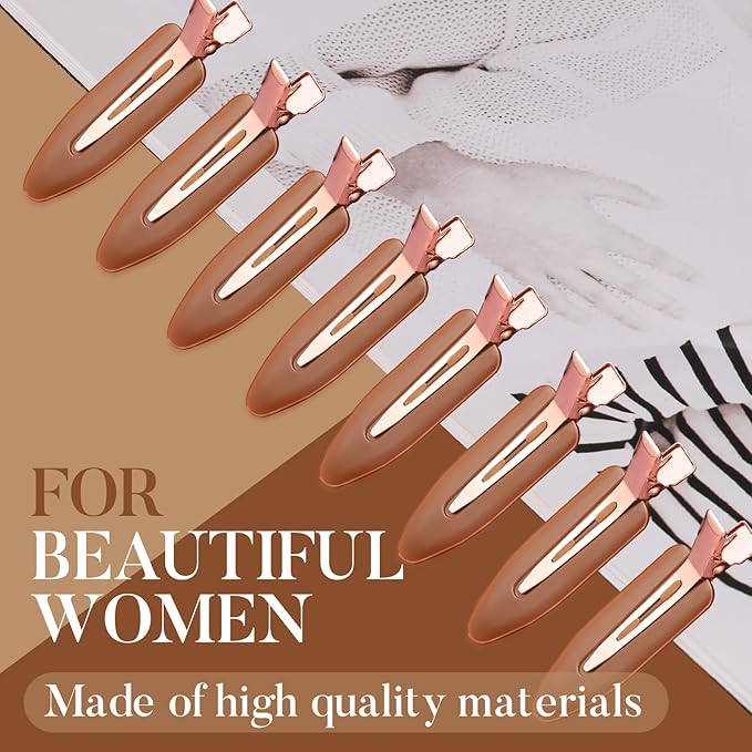 D 8 Pcs Hair Clips - No Crease Hair Clips - Flat Makeup Clip for Women and Girls - Creaseless Hair Clip for Hairstyling Bangs Salon Rose Gold Handle - Brown