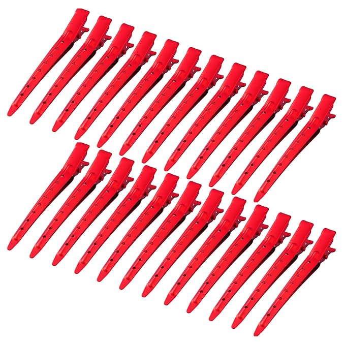 24 Packs Duck Bill Clips, Bantoye 3.35 Inches Rustproof Metal Alligator Curl Clips with Holes for Hair Styling, Hair Coloring, Matte Red
