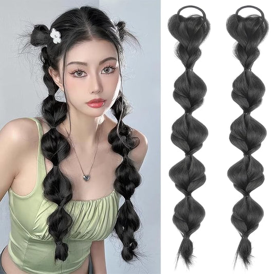 2 Pcs Bubble Ponytail Wig Synthetic Braided Hair Extensions with Hair Ties, Wrap Around Pony Tail Hairpieces for Women & Girls (Black)