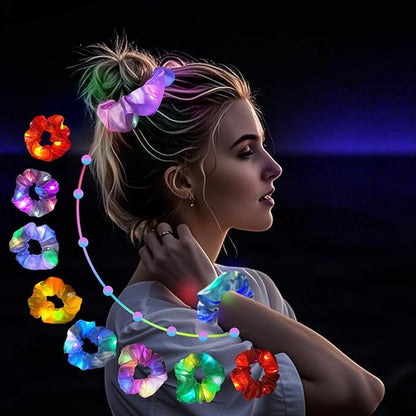 8 Pcs LED Scrunchies, Light Up Satin Hair Accessories for Women Girls, Glow in The Dark Party Supplies for Neon Party