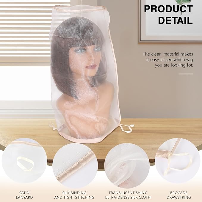 10pcs Wig Storage for Multiple Wigs Bag with Drawstring, Transparent Dust-Free Mesh Hair Extension Storage for Mannequin Head Wig Accessories (Light Golden)