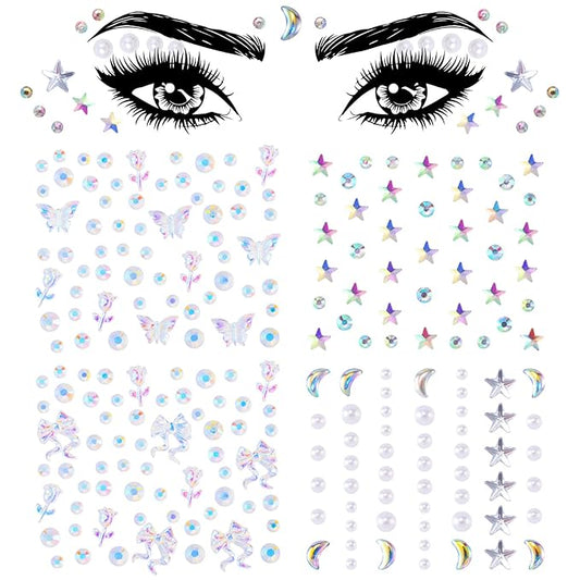 OIIKI 4 Sheets Star Face Eye Stickers, Star Jewelry Eye Body Sticker, Acrylic Crystal Face Gems, Halloween Moon Pearls Butterfly Face Makeup Stickers, 4 Styles Rhinestone Tattoos for Women, Girls