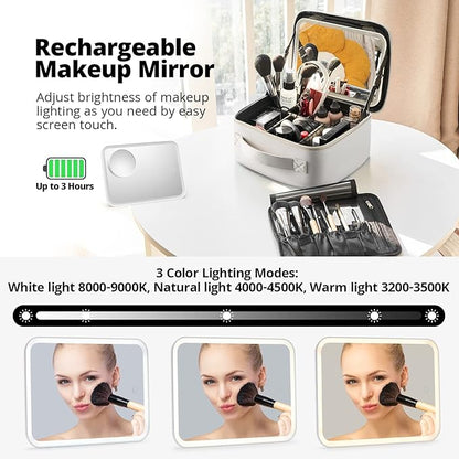 Omobolanle Makeup Bag with Mirror Led Light Detachable Portable Make up Travel Train Case with Adjustable Dividers and 10x Magnifying Mirror Beige