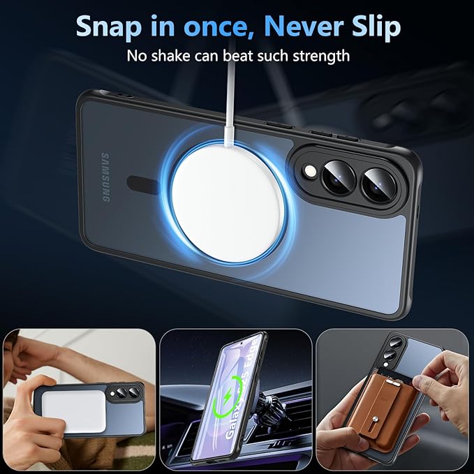 OWKEY for Samsung Galaxy S25 Edge Case 6.65'',Magnetic S25 Edge Case for Magsafe with Tempered Glass Screen, [Shockproof Military] Translucent Back Slim Bumper Cover Phone Case s25 Edge, Black