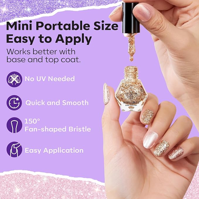 modelones Nail Polish Set 6 Colors Red Nude Gold Glitter Min Nail Polish Set Quick Dry Diamond Silver Sparkle Winter Nail Polish Manicure DIY Nail Art Salon Home Gift for Women Girl