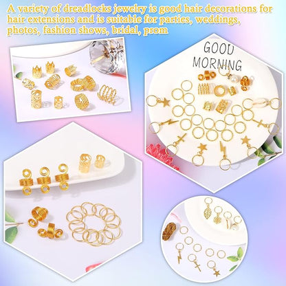 Lucomb 259 Pcs Hair Jewelry for Braids, Loc Jewelry for Hair Dreadlock, Charm Accessories for Women, Metal Gold Braids Rings Cuffs Clips for Dreadlock Accessories Clips Rings Extensions Decorations