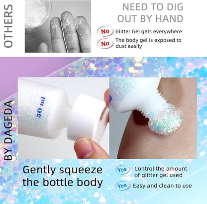 DAGEDA Body Glitter Gel, Holographic Face Glitters Body Gel Shimmer Liquid Eyeshadow, Color Changing Glitter for Face Hair Nails, Glitter Under Light Festival Glitter Makeup 1.7oz (Galaxy Blue)