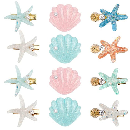 12 Pieces Shell Pearl Starfish Hair Clip Set, Catcan Seashell Hair Clips Starfish Alligator Clips for Women Headwear Styling Tools Accessories (classic style)