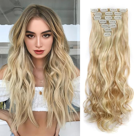 22 Inch Clip In Hair Extensions 7 PCS Long Wavy Synthetic Hair Extension & Natural Soft Invisible Clip Thick Hairpieces for Women Daily(20Inch, 7pcs, Blonde Mixed Gold)
