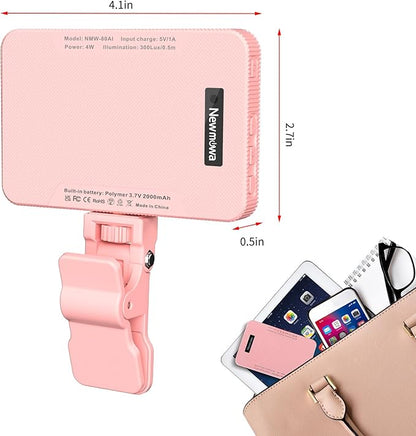 Newmowa Pink Rechargeable Selfie Light - Portable Clip-on Video Light for Phone/Laptop/Camera With Smart Sensor, 3 Modes, 2000mAh Battery for Selfie/Makeup/Video Conference/TikTok