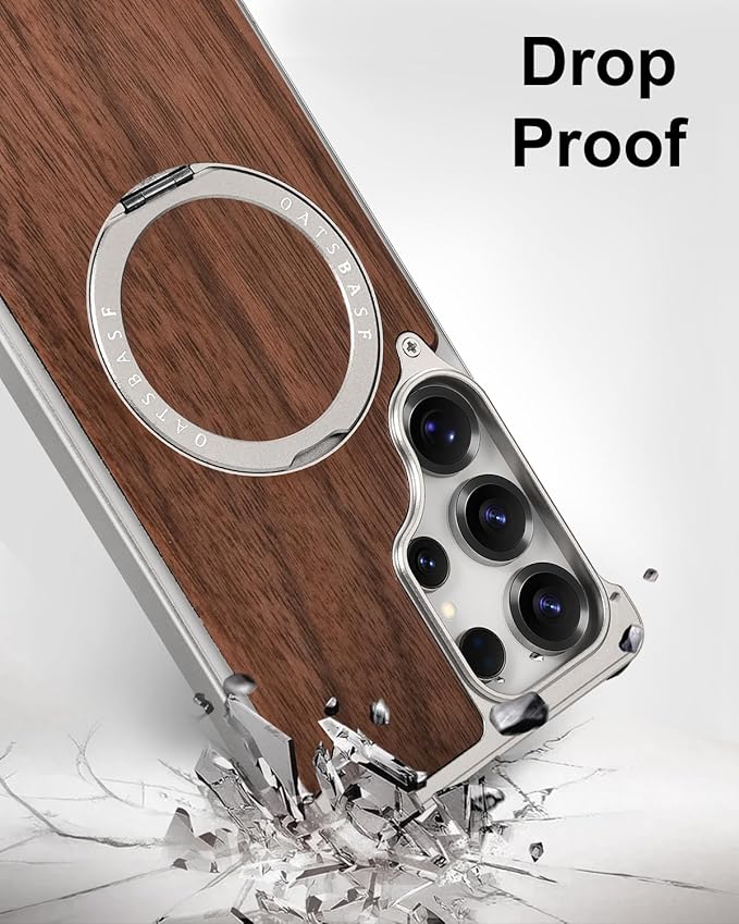 OATSBASF Magnetic Wood Case Compatible with Samsung Galaxy S25 Ultra, [Natural Wood & Aluminum] Shockproof Protective Cover Unique Wooden Case with 360° Ring Stand, Natural Titanium
