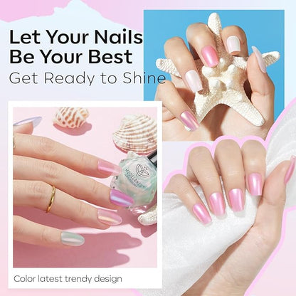 modelones Chrome Nail Polish Set, 2025 Spring Summer 6 Colors Shimmer Pearl White Pink Mermaid Purple Quick Dry Nail Polish Kit Fingernail Polish Manicure DIY Salon Home Easter Gifts for Women Girl