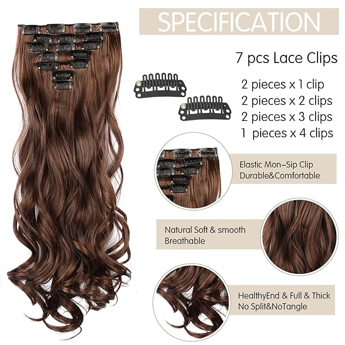 22 Inch Clip In Hair Extensions 7 PCS Long Wavy Synthetic Black Hair Extension & Natural Soft Invisible Clip Thick Hairpieces for Women Daily(20Inch, 7pcs, Dark Brown)