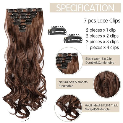 22 Inch Clip In Hair Extensions 7 PCS Long Wavy Synthetic Black Hair Extension & Natural Soft Invisible Clip Thick Hairpieces for Women Daily(20Inch, 7pcs, Dark Brown)
