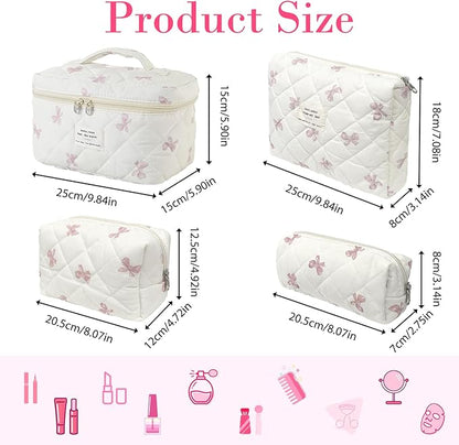4 Piece Cute Pink Bow Quilted Makeup Bag Set, Large Capacity Travel Makeup Bags for Women and Girls, Includes Small, Small-Medium，Medium, and Large aesthetic makeup&Cosmetic Bags (4PCS-Pink Bow)