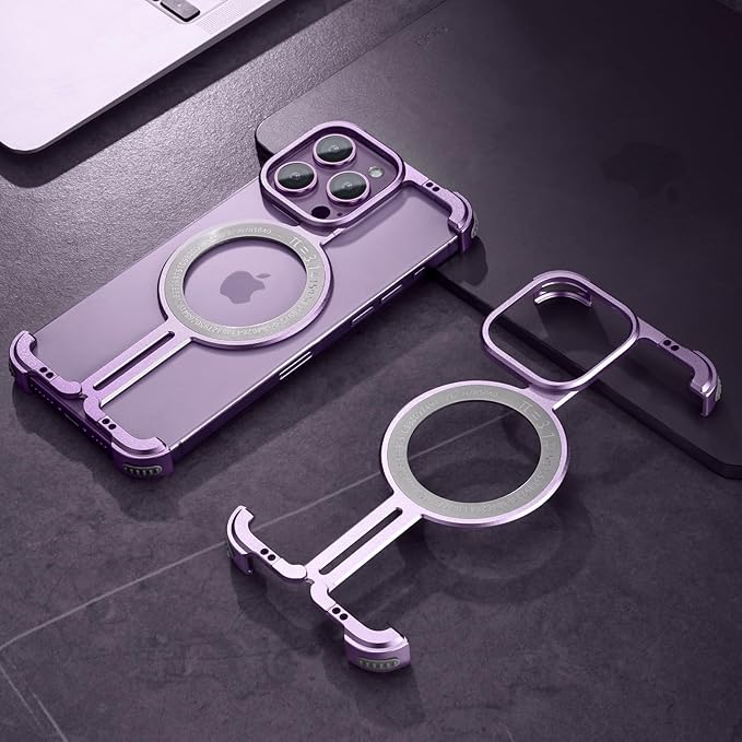 OATSBASF Magnetic Phone Case Compatible with iPhone 14 Pro Max 6.7", [Compatible with Magsafe] Metal Bumper Case Sleek Minimalist Frameless Aluminum Shells (Purple)