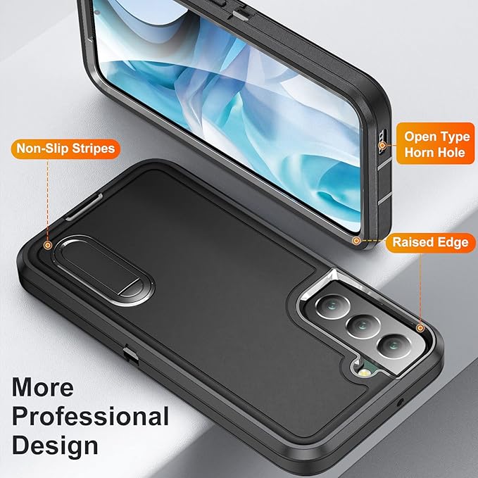 for Samsung Galaxy S22 Plus Case with Kickstand Case 3-Layer Military Grade Protective Case Cover Silicone Rugged Shockproof for Galaxy S22 Plus Phone Case Black+Black