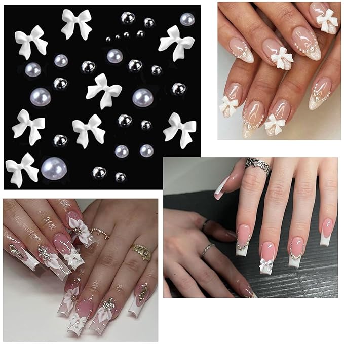 Nail Charms & Pearls - Bow-Knot Nail Accessories in Silver & White, Half Round Beads, Luxurious Design - DIY Crafts